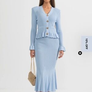 Light Blue Knit Skirt Set with Peplum Cardigan